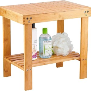 Banc de salle de bain en bambou avec étagère de rangement, tabouret de douche en bois à 2 niveaux pour salle de bain - Product Image 1