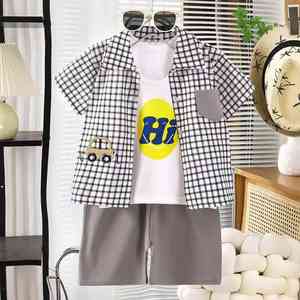 Set di tre pezzi - Nuove camicie a quadri estive a maniche corte all'ingrosso per ragazzi, adolescenti casual e set di abbigliamento per neonati - Product Image 4