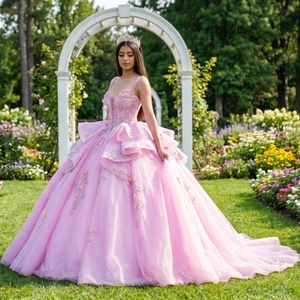 Vestidos de quinceañera rosa Dy6951, vestido de gala sin tirantes con cuentas pesadas, vestido de fiesta con flores 3D brillantes para Sweet 16 Jancember - Product Image 1