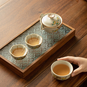 Juego de té portátil de cerámica Huang Ru Kiln Cat, una tetera y tres tazas, para uso en exteriores. - Product Image 3