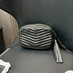 Luxury Vintage Designer V Quilted Leather Mini <b>Camera</b> Crossbody <b>Bag</b> with Zipper Closure Brand Inspired Tassel for Women - Product Image 4