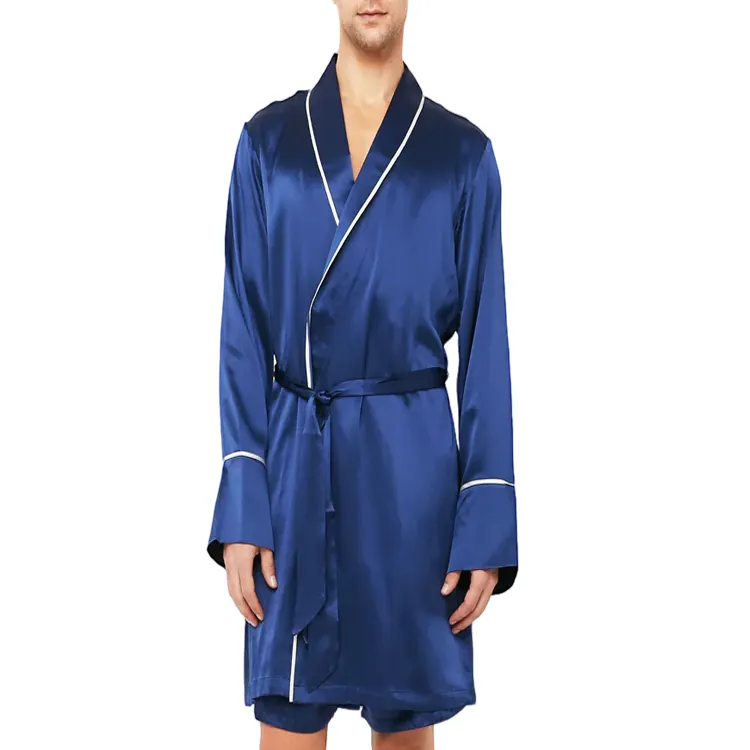 Kimono sutra biru jubah sutra pria jubah satin panjang kustom dengan logo