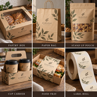 Kit d'emballage personnalisé pour boulangerie avec logo, comprenant boîte à pâtisserie, sac en papier, pochette verticale, porte-gobelet, plateau alimentaire, rouleau d'étiquettes – Fournisseur OEM