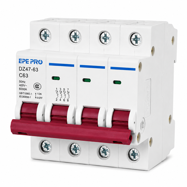 EPEPRO 63A 400V 4-Pole AC Miniature Circuit Breaker (MCB) 6kA Breaking Capacity Copper DIN Rail Mount Solar RV Residential