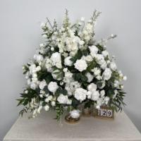 Boule florale artificielle personnalisée orange et bleu vif D30cm, mini roses en soie et hortensias mélangés, centres de table pour mariage