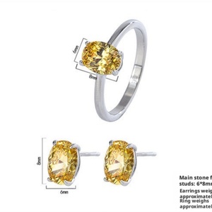 Juego de Aretes y Anillo Minimalistas, Delicados y Ecológicos, de Cobre, con Circonita Cúbica Amarilla Ovalada de 6*8MM, Elegante Juego de Joyería - Product Image 2