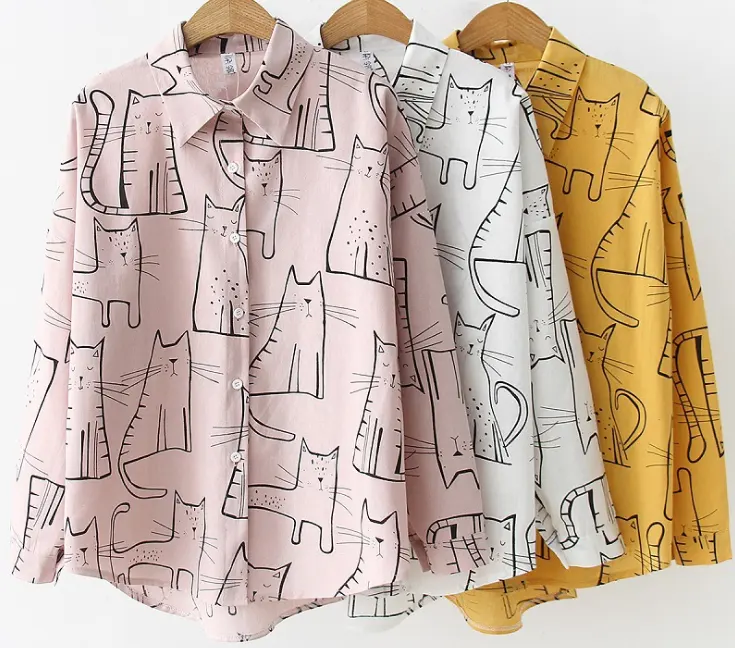 Wholesale Unisex Cute Cartoon Cat Printed Fashion Long Sleeve Casual Shirt For Women