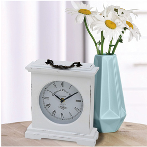 Vintage Style <strong>White</strong> Distressed Finish Wood <strong>Mantel</strong> <strong>Clock</strong> with Roman Numerals Quartz Movement - Product Image 4