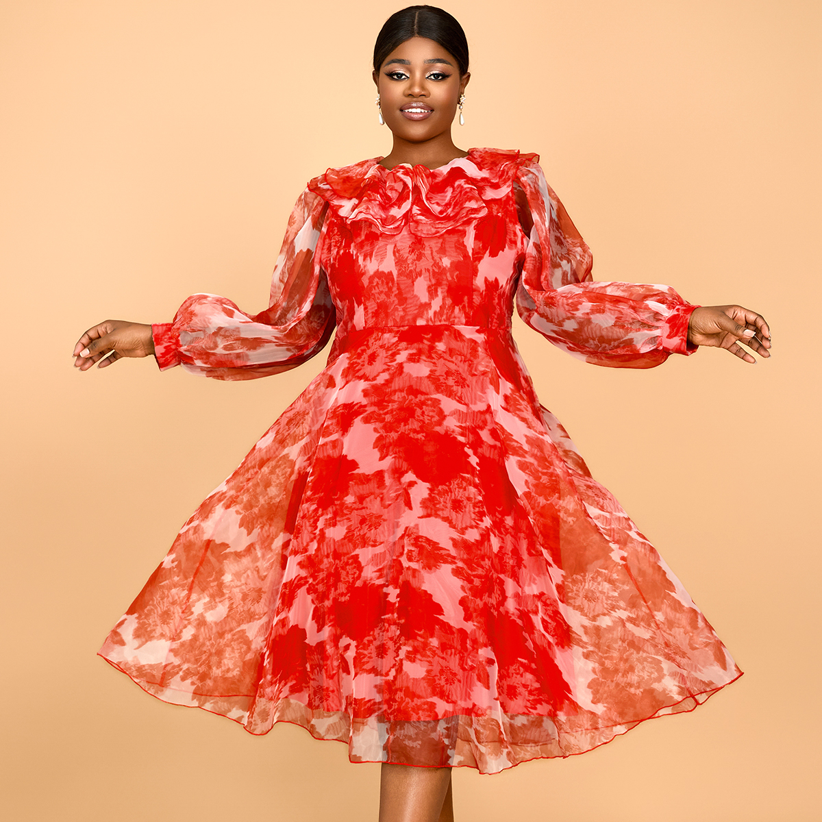 Order Online Long Sleeve Red Chiffon Dress Empire Waistline Design