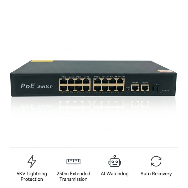 AI PoE Switch 16 Port 10/100Mbps with 2 Gigabit Uplink 1 SFP RJ45 AI Watchdog IEEE 802.3af/at 10.8Gbps IP Camera CCTV QoS