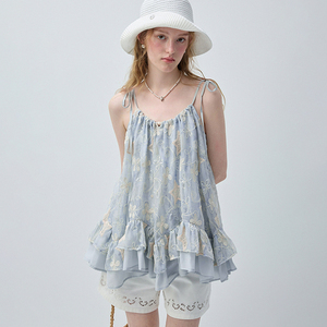VEGA CHANG Light <strong>Blue</strong> Lace Embroidered <strong>Cami</strong> <strong>Top</strong> Women with Double Layer Ruffle Hem and Loose Fit Casual Sleeveless <strong>Top</strong> - Product Image 1