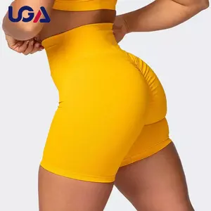 高腰运动黄色瑜伽短裤，适合女性扭腰屁股机车短裤