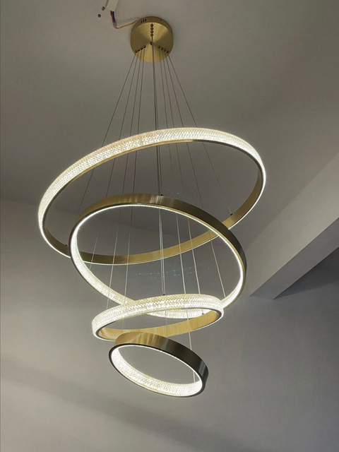 Copper Circle Lamp Dining Room Gold and Black Ring Chandelier Creative Round LED Ceiling Light Bedroom Brass Pendant Lamps