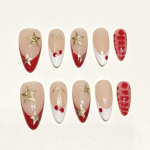 Muhaha Trend Design – Faux ongles à presser, <span class=keywords><strong>manucure</strong></span> française avec cerises rouges et étoiles dorées - Product Image 2