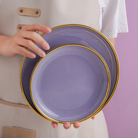 Service de table en céramique de haute qualité, style nordique, violet avec bord doré, assiettes plates modernes européennes durables, sans plomb