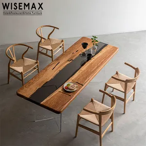 WISEMAX 가구 제조 업체 직사각형 호두 나무 수지 슬래브 테이블 라이트 럭셔리 가족 식탁 멀티 사람들 좌석