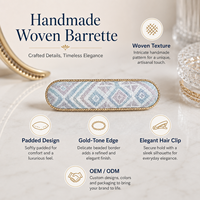 Barrette à cheveux inspirée du patrimoine pour femmes, en textile tissé fait main, avec pince en métal doré pour un style moderne au quotidien