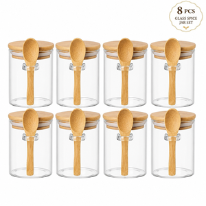 8 Pack Glass Spice Jars with Bamboo Lids and Attached Spoons Airtight Seasoning <strong>Containers</strong> for Salt <strong>Herbs</strong> and <strong>Kitchen</strong> Storage - Product Image 1