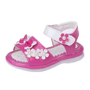 Wholesale Leather Pink Flat Open Toe Summer Casual Lovely Style Three Flower Kids Shoes