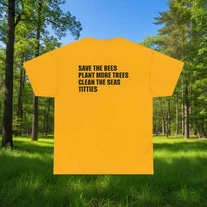 Save The Bees Plant Trees Clean Seas Titties T-shirt jaune, chemise avec message environnemental - Product Image 3