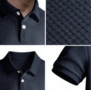 <span class=keywords><strong>Polo</strong></span> à manches courtes pour homme - Bleu marine, tricot gaufré, coupe ajustée, polyvalent pour le travail et les loisirs - Product Image 4