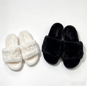 Cozy Plush Fuzzy <b>Slides</b> Open Toe Soft Faux Fur Winter Slippers Black <b>White</b> Slip On Flat Sandals Thick sole soft winter slippers - Product Image 1