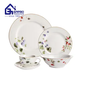 New Bone China Porcelain Dinner Set With Gold Rim OEM Logo Acceptable Kitchen Plates Porcelain 20PCS Ceramic Tableware