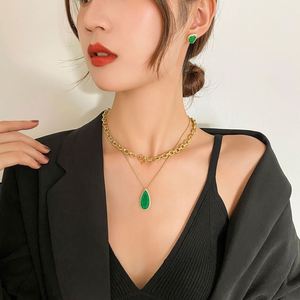 Fashion Eco-friendly Copper Teardrop Green Zircon Layered Pendant Necklace Set 18K Jewelry Gold Plated Sets for Everyday Wear - Product Image 3
