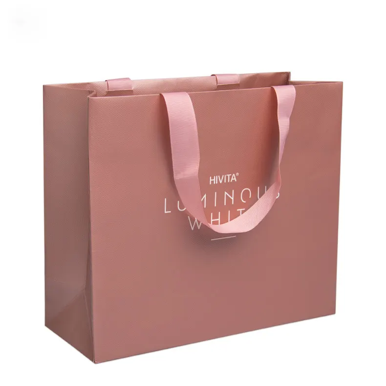 Custom Plain Rose Gold Foil Luxury Paper Bag With Silk Ribbon Handles