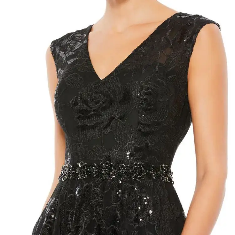 New Design Custom Chiffon Embroidered Dress Floral V Neck Long Maxi Black Sequin Dress For Women