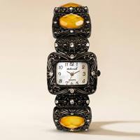 Vintage Antike Silberne Damenuhr mit Bernsteinfarbenem Kunstharzstein Quarz-Uhrwerk Retro Geschnitzte Filigran-Armbanduhr für Damen