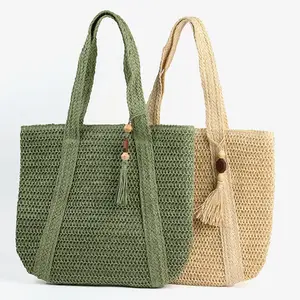 Nature lafite paper straw crocheted woven shoulder handbag lafite beach bag women hand bag with tassel