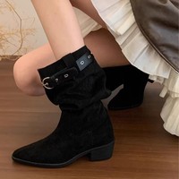 Bottines décontractées pour femmes, mi-mollet, talon bas, talon bloc, à enfiler, style décontracté