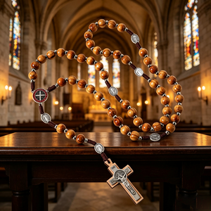 Collier de prière en bois avec perles et crucifix en argent INRI, bijoux religieux chrétiens unisexes, faits à la main, plaqué antique - Product Image 6