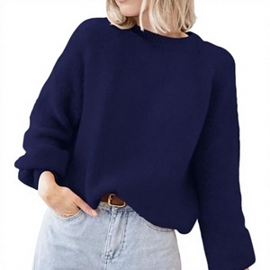 Pull en tricot à col rond bleu marine pour femme, manches lanternes, couleur unie, décontracté, automne, 100% acrylique, tricoté à la main, manches longues - Product Image 5