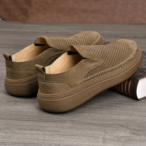 Chaussures de marche pour hommes en cuir pleine fleur ajouré à bout rond, à enfiler, souples, légères, respirantes, avec doublure et semelle intérieure en PU, tendance mode - Product Image 2