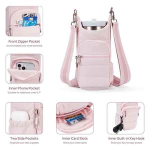 Best Selling <b>Mini</b> MOQ Quilted Water <b>Bottle</b> Holder with Strap Tote <b>Bottle</b> Carrier Crossbody Bag with Pockets - Product Image 4