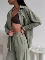 Ensembles surdimensionnés pour femmes 2026 – Ensemble deux pièces pour femme : chemise boutonnée texturée et pantalon large – Vêtements de villégiature pour femme