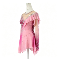 Robe de patinage artistique à manches longues dégradé rose magenta, ornée de strass faits à la main et de volants en maille, pour filles et adultes