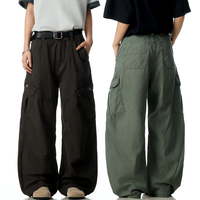Pantalon Cargo Homme 100% Coton Lavé Style Vintage Ample Jambe Large Multi-Poches Streetwear Décontracté pour Hommes – Vente en Gros