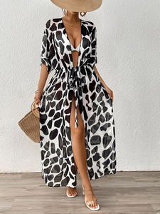 Women's Fashion-Conscious Loose Bat <b>Sleeve</b> Tie Waist <b>Cardigan</b> Leopard Print Mesh Beach Bikini Cover-Up for Ladies - Product Image 6