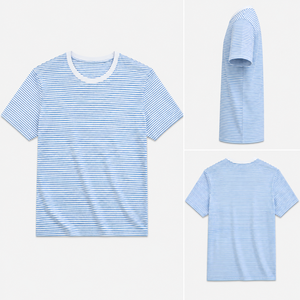 T-shirt à manches courtes pour homme, bleu et blanc rayé, col rond, coupe classique, décontracté, en coton tricoté respirant - Product Image 3
