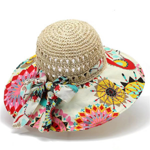 Chapeau de soleil pour <span class=keywords><strong>femme</strong></span>, chapeau de plage d'été, chapeau décontracté à motif floral ajouré, grand bord pliable en paille - Product Image 1