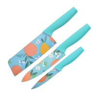 Ensemble de couteaux de cuisine bleu menthe à motifs floraux, 3 pièces, en acier inoxydable, lames revêtues, manche perforé, pour la cuisine à domicile