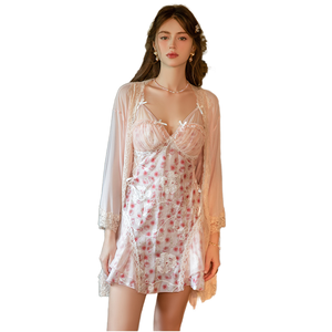 X6502 Gorgeous Sweet Floral Printed Chiffon Embroidery <b>Lace</b> Patchwork Spaghetti Strap <b>Elastic</b> Waist Summer Nightdress Mesh - Product Image 1