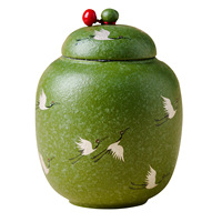 Boîte à thé en céramique verte avec motif grue blanche peinte à la main, petit pot de rangement hermétique avec couvercle perlé