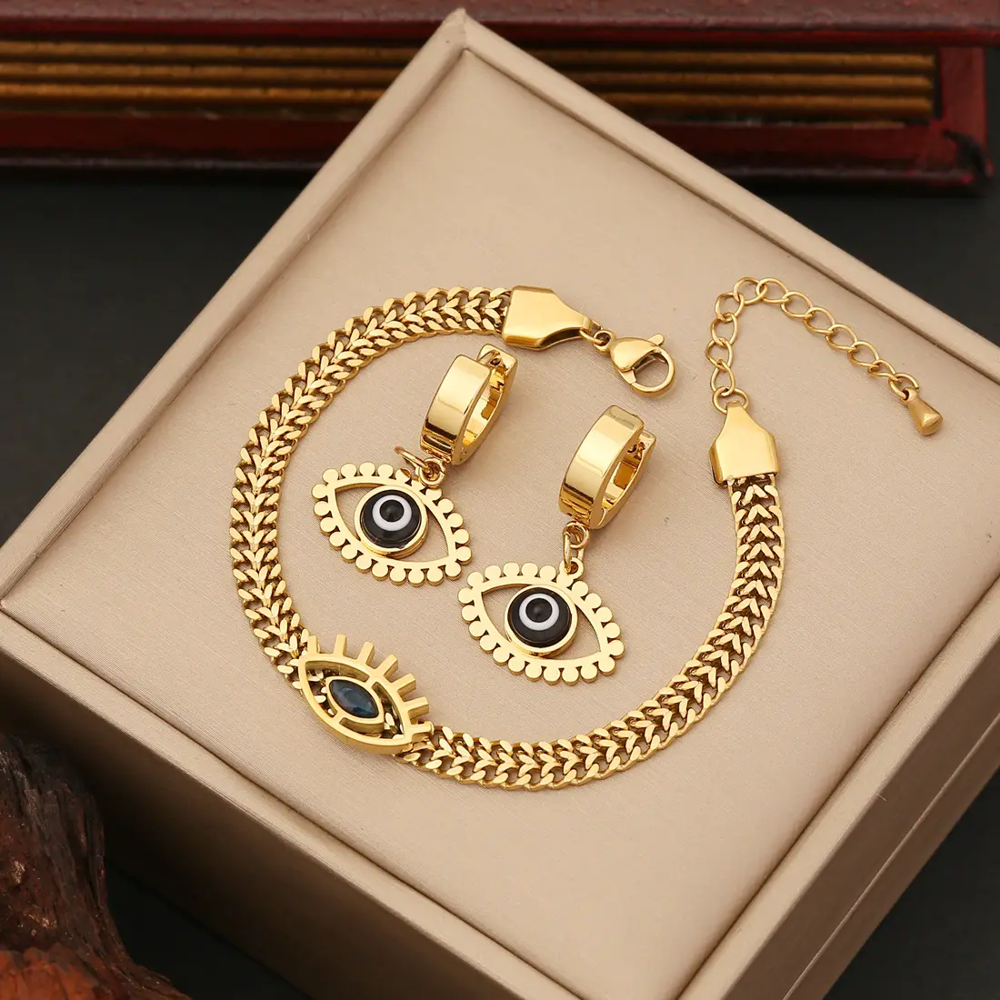 Nuovissimo set di gioielli in acciaio inox placcato oro 18k turchia occhi orecchini e collana per le donne