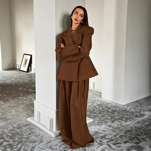 Set Due Pezzi da Donna Personalizzato OEM, <span class=keywords><strong>Blazer</strong></span> a Maniche Lunghe <span class=keywords><strong>con</strong></span> Pantaloni a Gamba Larga Drappeggiati, Abbigliamento da Ufficio all'Ingrosso - Product Image 3