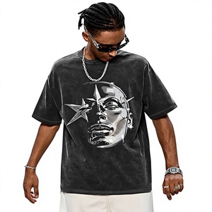 Dark Wash Abstract <b>Face</b> Graphic Oversized Cotton/Polyester <b>T</b>-<b>Shirt</b> Unisex Loose Fit Drop Shoulder Casual Fashion Streetwear - Product Image 2