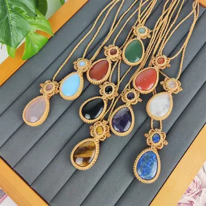 Trendy Teardrop Shaped Amethyst Green Aventurine Gem Macrame Necklace Black Onyx Lapis Lazuli Water Drop Stone Rope Necklace